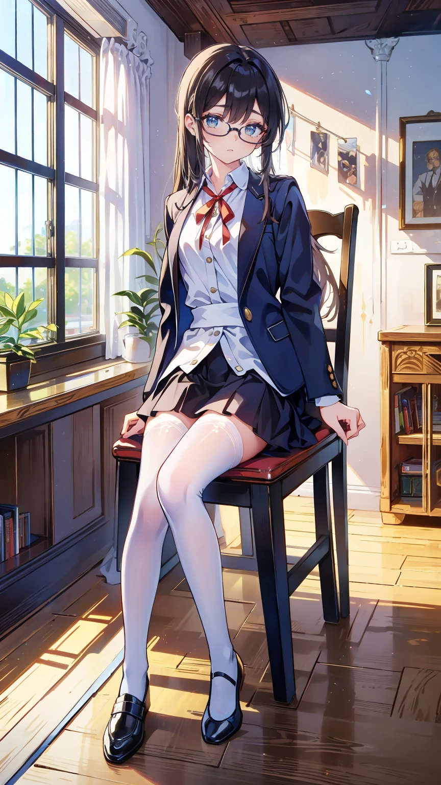 ((Masterpiece: 1.3)), ((Absolute Resolution: 1.2)), ((Superlative,: 1.4)), super detailed face, complex and detailed eyes, one girl, smooth nasal bridge, detailed mouth, polite and cute smiling expression, realistic bumps on human body, silky smooth hair texture, one girl, solo, buxom beautiful girl, High school girl, cute design blazer uniform, long sleeves, white blouse, pink breast cloth, cleavage, priss skirt, (shiny black pantyhose denier 25), white silk cloth visible through pantyhose, ribbon, beret, frills, lace, black hair in braids in one-length bob cut, years Cute design adornments commensurate with her age, showing her whole body (sitting pose with legs spread to either side and hips floating: 1. 3), innocent hand movements, (white skin: 1. 3), breasts filled with large amounts of fat swaying softly, cinematic lighting, perfect shading, ((cute nursery)), realistic lighting with shadows, from below Licking shot,