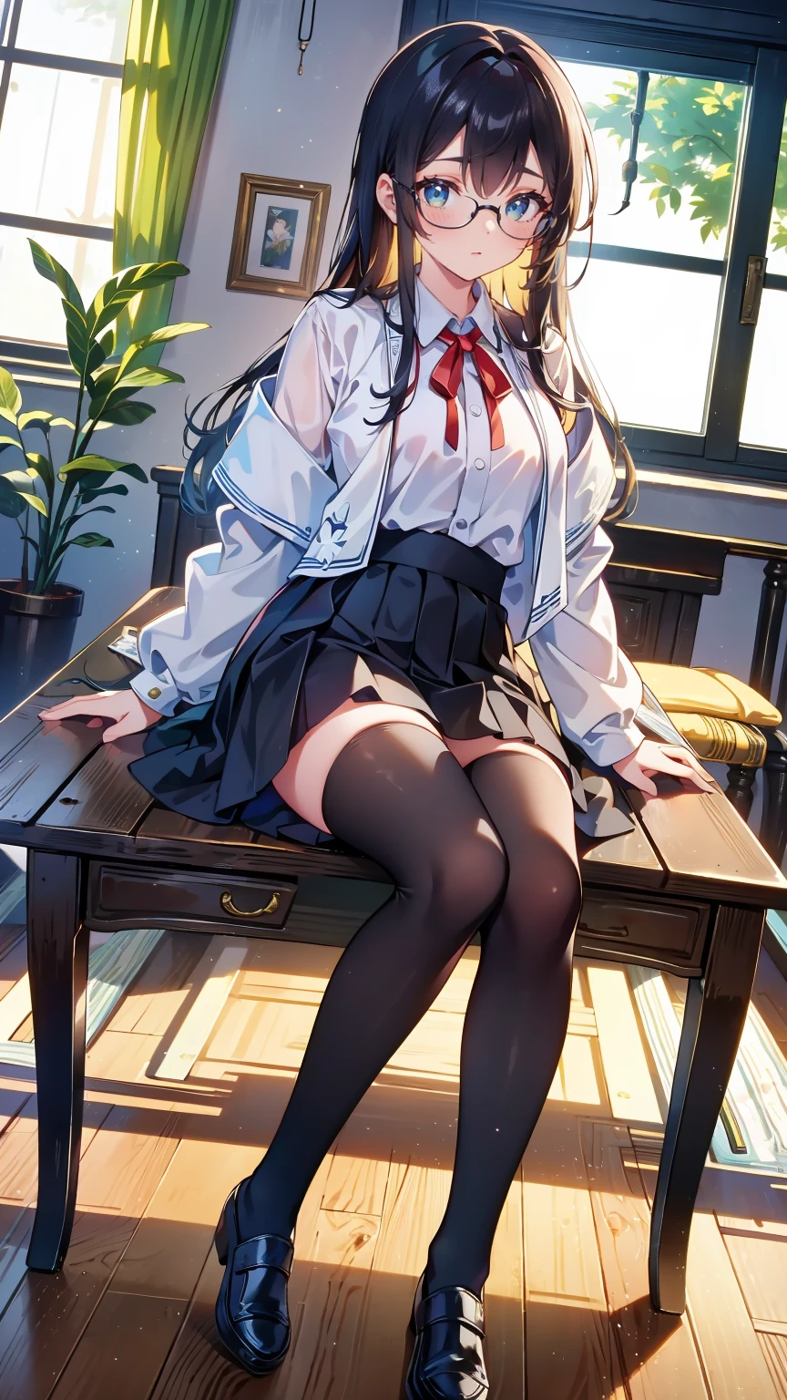 (8K、Best image quality、Highest quality、masterpiece)、One tall girl、((whole body))、Sit on the floor with your legs spread、White panties are visible、Long Hair、Wavy Hair、blush、Medium Bust、White collared shirt、Short sleeve、((Checkered pleated mini skirt))、Classroom Background、((black tights))、Black Pantyhose、((No shoes))