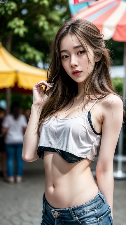 most beautifull girl. cute face. brown hair, long hair, wavy hair, depth of field, cinematic lighting, blurry, glowing light, cowboy shot, from below, bokeh, bokeh, Eye-Level Shot, f/1.2, 85mm, Sony FE GM, highres, best quality, high details, super detail, textured skin, UHD. very beautifull 20 years old girl. colorful sexy tank top. exposed cleavage. necklace. beautifull armpit. high waist hot pants. high heels. holding 1 gucci hand bag. big boobs. sagging boobs. slim waist. nice hips. tall girl. leaning her body on bus stop wall. natural textured skin. realistic skin texture. natural sunshine. natural sunlight.