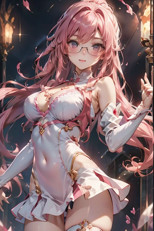 ((  best quality)), ((傑  best quality、masterpiece、High sensitivity、  High Definition 、 Details、   delicate face that inverts the skirt)),  Slender Woman、Glasses、  jumper skirt、 with a very detailed face of 、Hair becomes unkempt、 Explain the  、