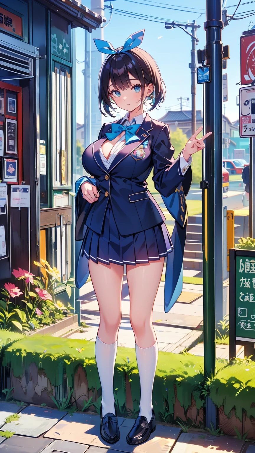 tomboy,blue-hair,short-hair,big-breast,school-uniform,tomboy,short-hair,18years-old,gang,earring,belt,super-big-breast,tsurime,half-closed-eye,black-under-eye,angry,hale-closed-eyes,all-body,whole body,all-body