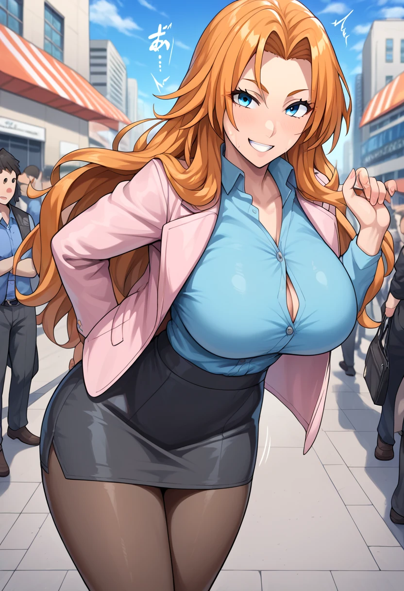 BREAK 1girl,Rangiku Matsumoto , long hair, blue eyes, orange hair, large breasts, sweat, sound effects, jacket ,blue shirt,black tights,office lady, tight skirt,looking at you, smile, BREAK score_9, score_8_up, score_7_up, score_6_up, source_anime BREAK (outdoor, huge crowd),city,sunset,