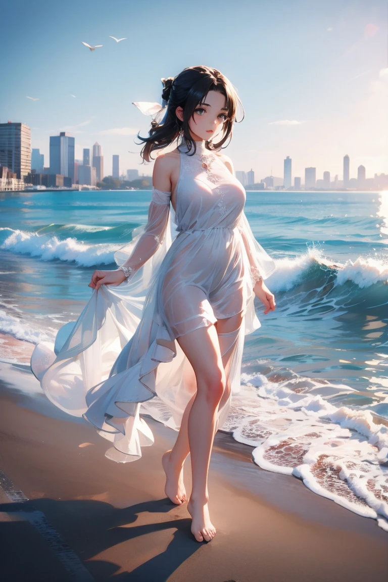 Masterpiece,Best quality,(Photorealistic:1.4),(Ultra detailed:1.3),(full bodyesbian:1.4),(In winter:1.3),1girll,Huayan,Bare shoulders,Solo,(See-through:1.2),(standing:1.2),(Barefoot:1.2),(Huge breasts:1.2),(Sunlight:1.1),(City:1.3),(beachside:1.4),(Outdoors:1.3),Unity 8k wallpaper,Blunt bangs,Black hair,1girll,Solo,