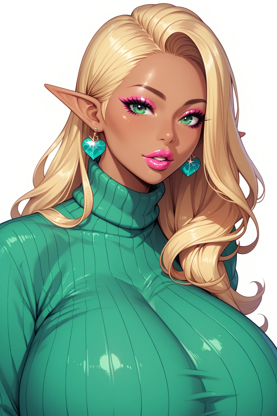 
score_9, score_8_up, score_7_up, 1girl,solo, upper body,looking at viewer, white background, voluminous long blonde hair, elf, makeup , parted lips, lipstick, eyeliner, bimbo, gyaru woman, gigantic breasts, sweater, mint green eyes