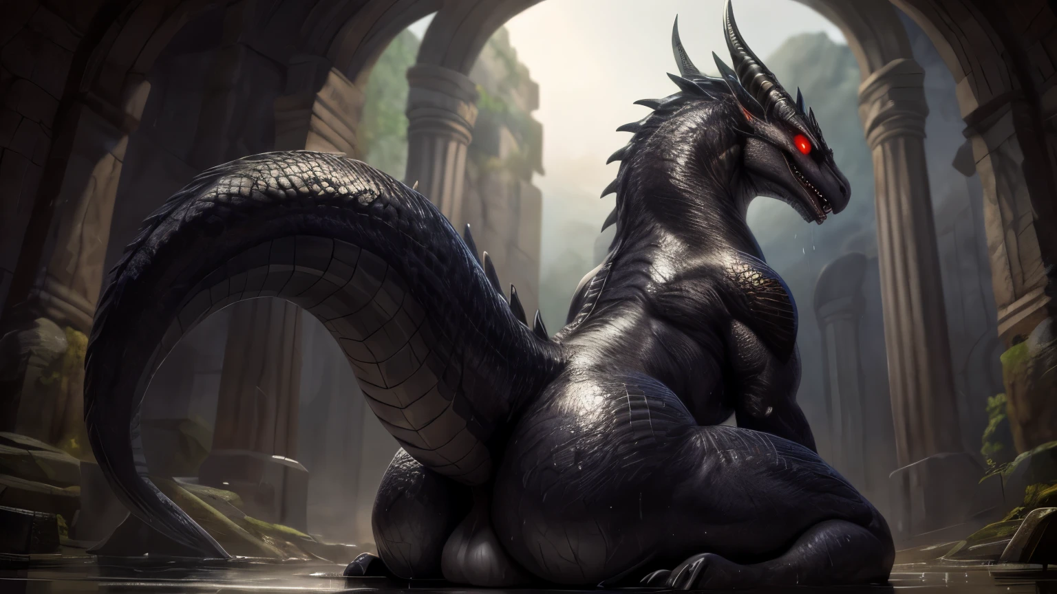 (high quality,4k,8k,highres,masterpiece:1.2),ultra-detailed,(realistic,photorealistic,photo-realistic:1.37),pixiv masterpiece,(intricate details), nsfw, chubby wet feral Dragon with highly detailed orange scales and Black fluffy hair, feral, stunningly sharp-focus, charming chubby body, curvy, huge ass, very big ass, wet ass, wide hips, thicc thighs, enchanting black hue, red eyes, glowing eyes, empty eyes, swaying tail, rear view, impressive scales, powerful presence, mesmerizing beauty, evil posture, well-defined claws, sinister-hearted, radiant aura, captivating artwork, artistically rendered, masterful strokes, attention to detail, tasteful composition, alluring charm, careful shading, great attention to anatomy, meticulous rendering, impeccable craftsmanship, vivid colors,open mouth, sitting, big balls, wet butt, butt focus, perfect balance between realism and fantasy, wet, sweaty, big fluffy tail, thick tail, booty focus, Landscape shot, old ruins, dirt, wet butt.
