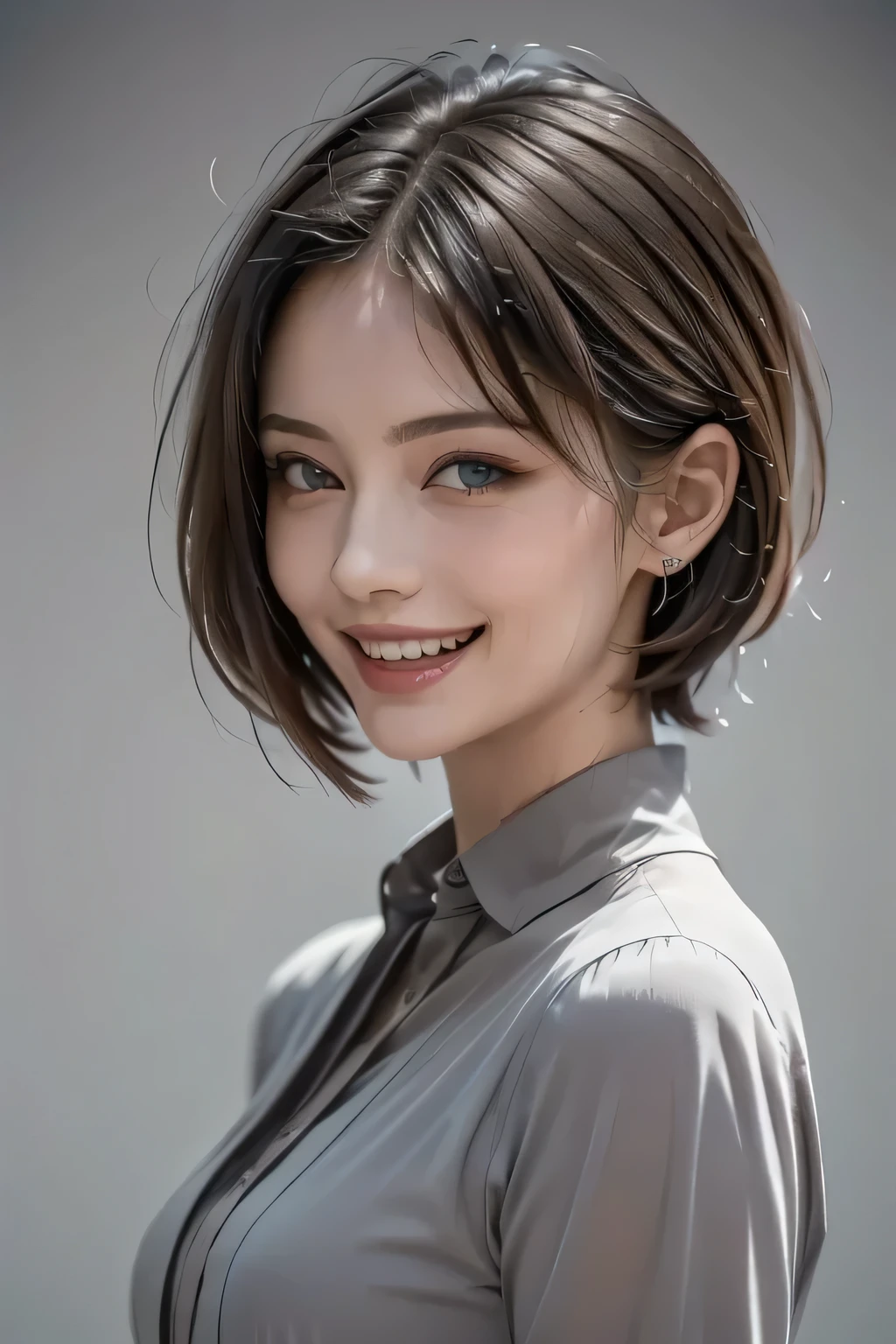 ((masterpiece)), (( best quality)), ((8k)), (( surreal)), ((Realistic)), (Mature), ((No classes)),  very detailed, (1 female), Beautiful and exquisite, (Beautiful Teeth), Grin,    brunette pixie cut,    Brown Eyes   , ((blouse)), (   upper body), ((background: monochromatic gray with nothing   )),  perfect eyes, Amazing eyes   ,    the audience  