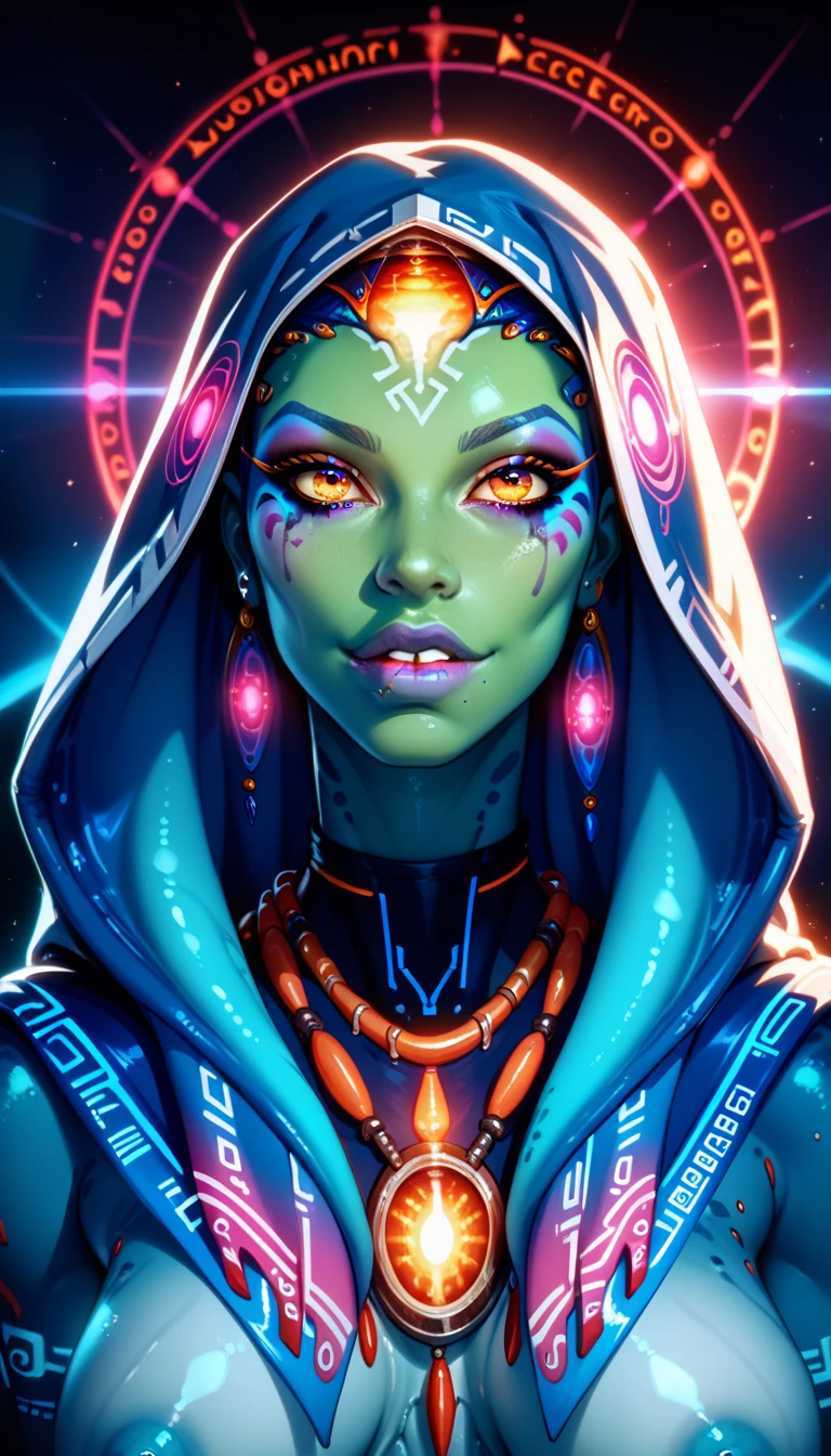 Ancient Extraterrestrial Creature, Alien Being, ((Non-Human)), Female seductive Alien, colorful skin, Revealing Glowing Biopunk, Holographic Alien Tribal, Tribal Alien Priestess, Glowing Makeup, Blacklight, Glowing, Seductive Alien Technology, ((eye focus, lip focus)), glowing Background, Character Design Sheet