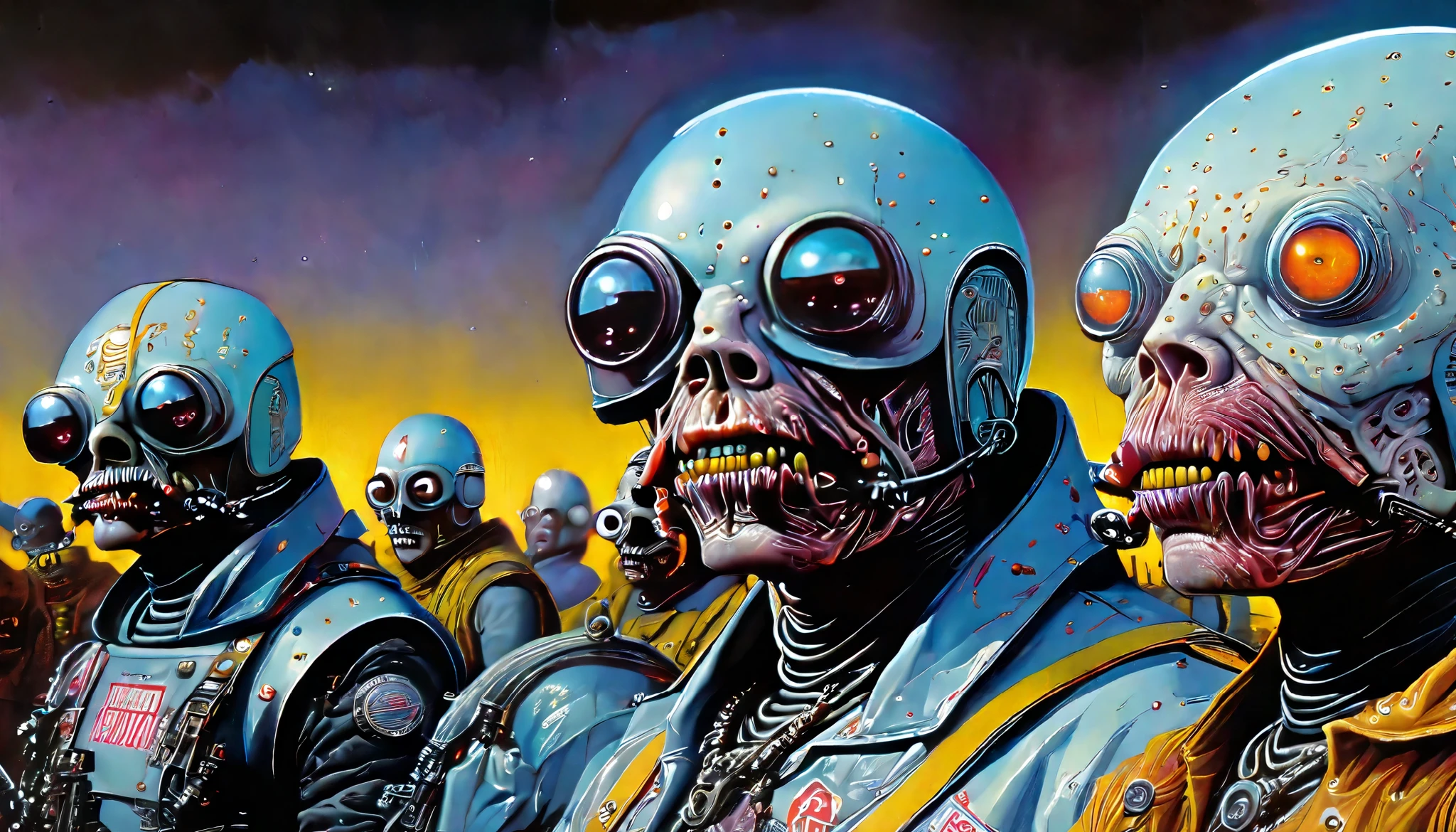 in (medium full shot:3.1) of lot of characters from a movie for slave girls from beyond infinity, inspired by Clyde Caldwell and Greg Rutkowski, futuristic apocalypse, stalenhag, metal album cover, gwar, heavy metal band promo, wayne barlowe pierre pellegrini, (with Creepy, Sci-Fi, Fantasy and Horror:2.9) retro sci fi, Horror movie, very detailed body, moody, epic, ((Cinematic film)), ((Ultra Detailed)), Complex, ((Sharp Focus)), Object Texture, Studio Photo, Complex Details, ((Highly Detailed)), Photo Real Style, ((Hyper-realistic)), High Dynamic Range, ((Realistic Textures)), 8K UHD, Nikon D 850, Kodak Portra 400, Fujifilm XT, rich colors, (3D rendering:3.1)