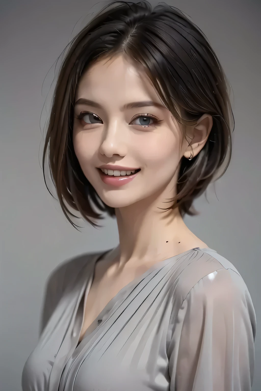 ((masterpiece)), (( best quality)), ((8k)), (( surreal)), ((Realistic)), (Mature), ((No classes)), very detailed, (1 female), Beautiful and exquisite, (Beautiful Teeth), Grin, brunette pixie cut, Brown Eyes , ((blouse)), ( upper body), ((background: monochromatic gray with nothing )), perfect eyes, Amazing eyes , the audience