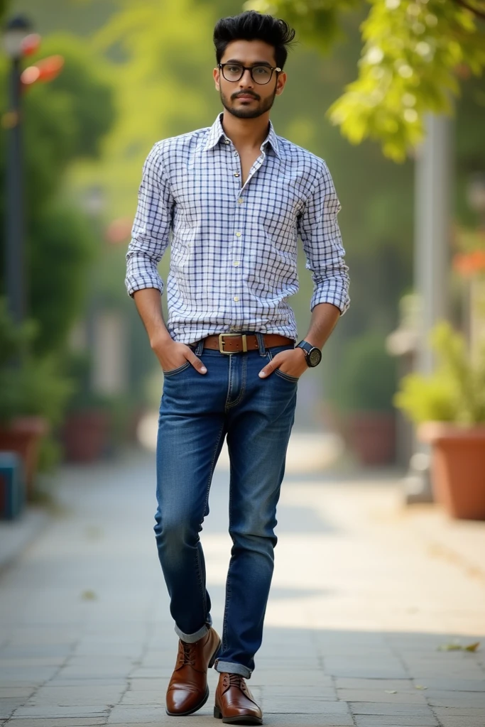 araffe man walking down a street with a mailbox in his hand, mohamed chahin style, casual photography, full body photogenic shot, stylish pose, wearing stripe shirt, with a cool pose, taken with canon 8 0 d, casual pose, modeling shoot, photo taken with canon 5d, jayison devadas style, very artistic pose, with lovely look