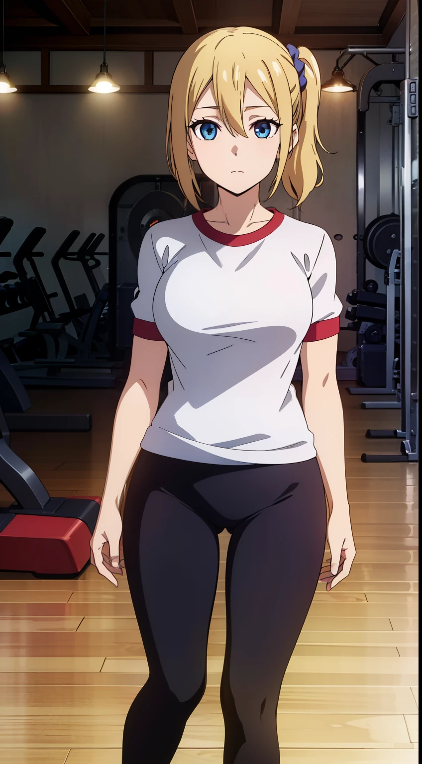 hayasaka, blonde hair, blue eyes, hair Scrunchie, side ponytail, Scrunchie, 1 girl, hair ornaments, alone, hair between eyes, ((Big T-shirt, leggings, room), gym),
beautiful Finger, beautiful body, beautiful character design, perfect eyes, perfect face, expressive eyes, looking at the viewer, Show up to your knees, sexy pose, in the center of the image, official art, High Definition CG Unity, Perfect lit, bright_front_face_lit, (table top:1.0),(Highest_quality:1.0), 4k, Super detailed, photograph, 8k, nffsw, High resolution, (absurd:1.2), kodak portrait 400, film grain, Lens flare, (lively_color:1.2),  (beautiful_medium breasts:1.4), (beautiful_face:1.3),(narrow_waist),
