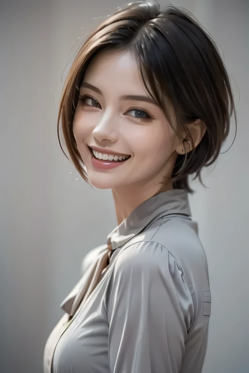 ((masterpiece)), (( best quality)), ((8k)), (( surreal)), ((Realistic)), (Mature), ((No classes)), very detailed, (1 female), Beautiful and exquisite, (Beautiful Teeth), Grin, brunette pixie cut, Brown Eyes , ((blouse)), ( upper body), ((background: monochromatic gray with nothing )), perfect eyes, Amazing eyes , the audience