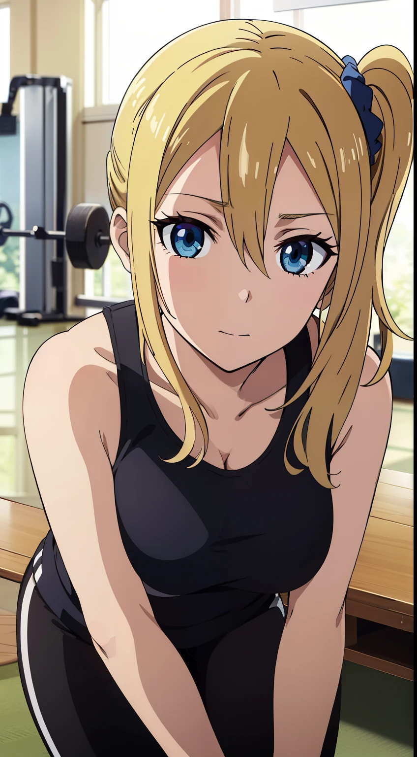 hayasaka, blonde hair, blue eyes, hair Scrunchie, side ponytail, Scrunchie, 1 girl, hair ornaments, alone, hair between eyes, ((tank tops, leggings), training gym),
beautiful Finger, beautiful body, beautiful character design, perfect eyes, perfect face, expressive eyes, looking at the viewer, Show up to your knees, sexy pose, in the center of the image, official art, High Definition CG Unity, Perfect lit, bright_front_face_lit, (table top:1.0),(Highest_quality:1.0), 4k, Super detailed, photograph, 8k, nffsw, High resolution, (absurd:1.2), kodak portrait 400, film grain, Lens flare, (lively_color:1.2),  (beautiful_medium breasts:1.4), (beautiful_face:1.3),(narrow_waist),
