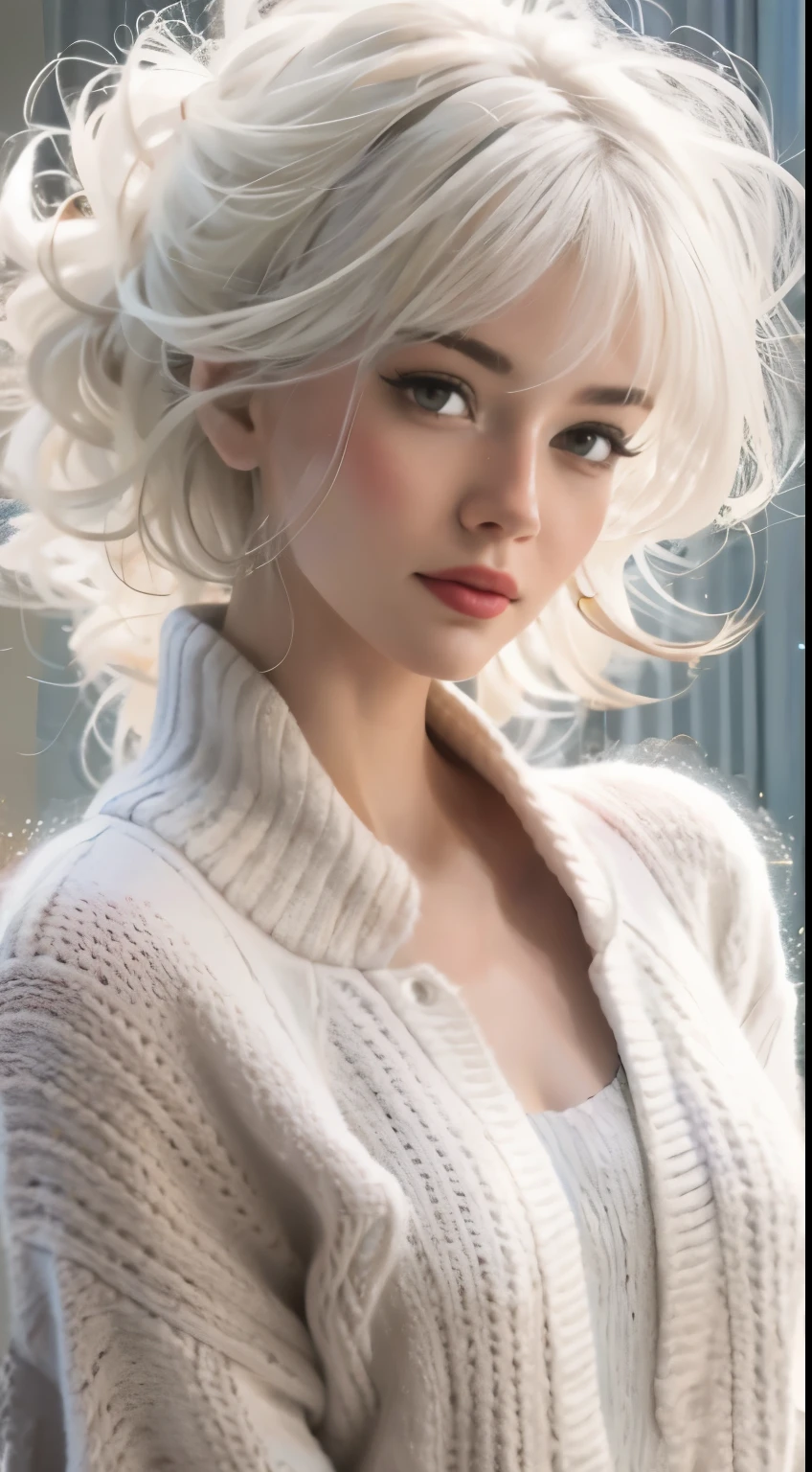 Medium Shot Shot, A beautiful woman looks at the camera, White hair, Chris Foss autumn off-the-shoulder sweater