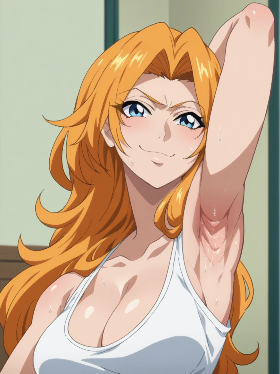 score_9, score_8_up, score_7_up, source_anime, anime screencap, 1girl, solo, indoors, day, rangku matsumoto, blue eyes, orange hair, long hair, large breasts, cleavage, bare shoulders, bare arms, looking at viewer, eye contact with viewer, head towards viewer, smile, (smug:0.9), closed mouth, arm behind head, armpit, armpit up close, close-up of armpit, from side, from below, detailed armpits, sweaty armpits