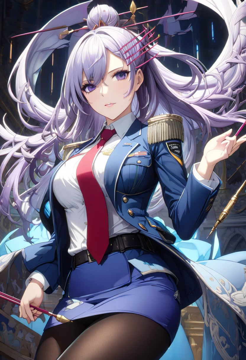 (masterpiece),(best quality),(ultra-detailed),(best illustration),(best shadow),(absurdres),(detailed background),(very aesthetic),frolaytia capistrano, 1girl, solo, long hair, purple hair, purple eyes, uniform, large breasts, open mouth, seductive smile, portrait,