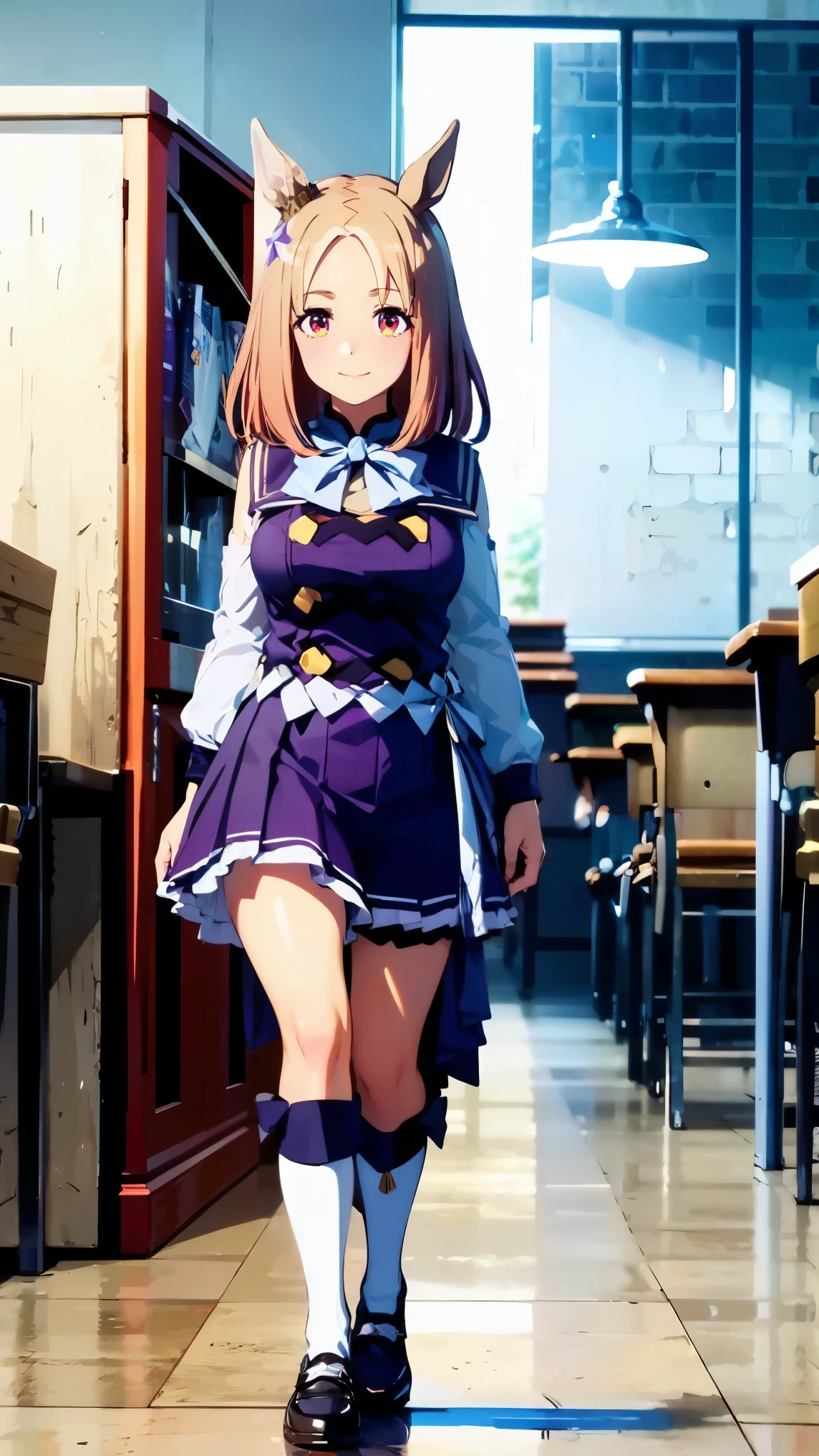 8k high resolution ( super detailed), masterpiece, ( best quality)　 animated illustration 　 detailed eyes on board,  detailed face 　 detailed hands 　Fine hair　 very elaborate body 、 fine skin 　 one girl　Horse Girl_ Narita top road　(narita top road \(Uma Musume\))　Blonde　uniform　White Knee Socks　Swollen breasts　 see here　Smiling face　classroom　 full body view