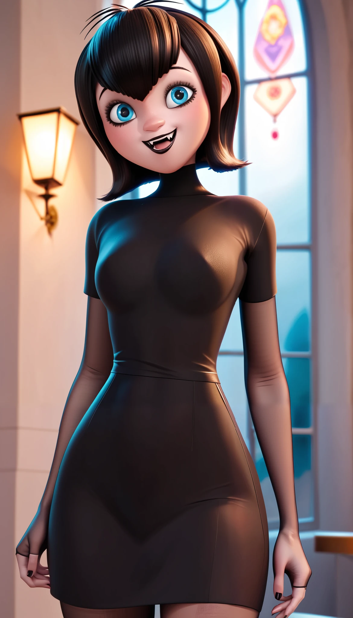 (first work, Best Quality: 1.2), cowboy shot, Alone, 1 girl, mavis dracula, SMILE, looking at the viewer, arms behind the back, black bikini, striped thighs,(Best Quality,realist),(1woman:1.1),(dark hair,pose sexy,whole body,smiling),(tight short dress),(Toned body ,thick thighs, BIG BREASTS)
