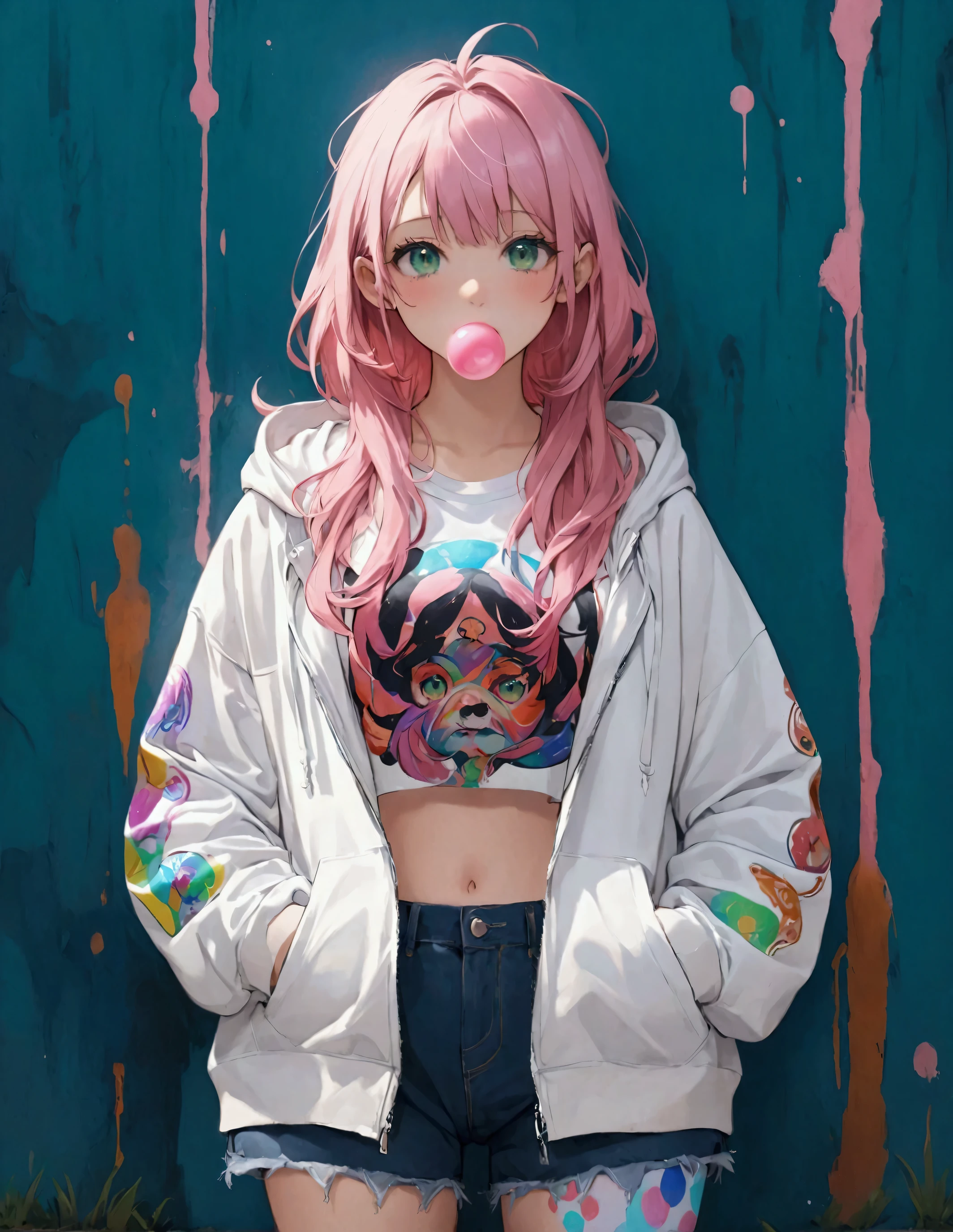 best quality、8k、Representative Works:1.3、 girl、1 person、1 personで、 petite and glamorous body 、curve、cute、 beautiful pink blond hair 、Beautiful emerald green eyes、Puff bubble gum out of your mouth with a casual expression, T-shirt with a psychedelic illustration on pure white fabric,Light blue shorts,Purple tights,pure white sneakers ,Wear a white hoodie and put the hoodie hood over your head, stand and lean against a deep blue wall and place your right foot against the wall, hold the spray can with your right hand and face the front,