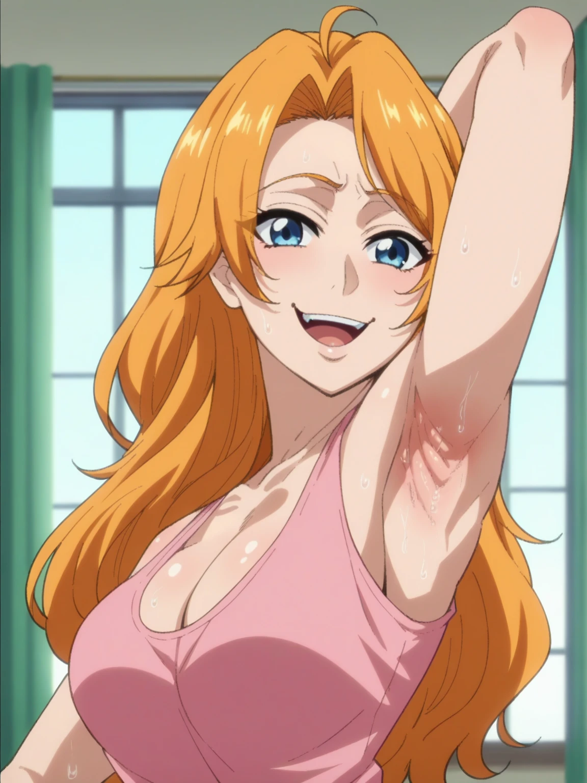 score_9, score_8_up, score_7_up, source_anime, anime screencap, 1girl, solo, indoors, day, rangku matsumoto, blue eyes, orange hair, long hair, pink tanktop, neckles, large breasts, cleavage, bare shoulders, bare arms, looking at viewer, eye contact with viewer, head towards viewer, smile, (smug:0.9), open mouth, laughing ,arm behind head, armpit, armpit up close, close-up of armpit, from side, from below, detailed armpits, sweaty armpits