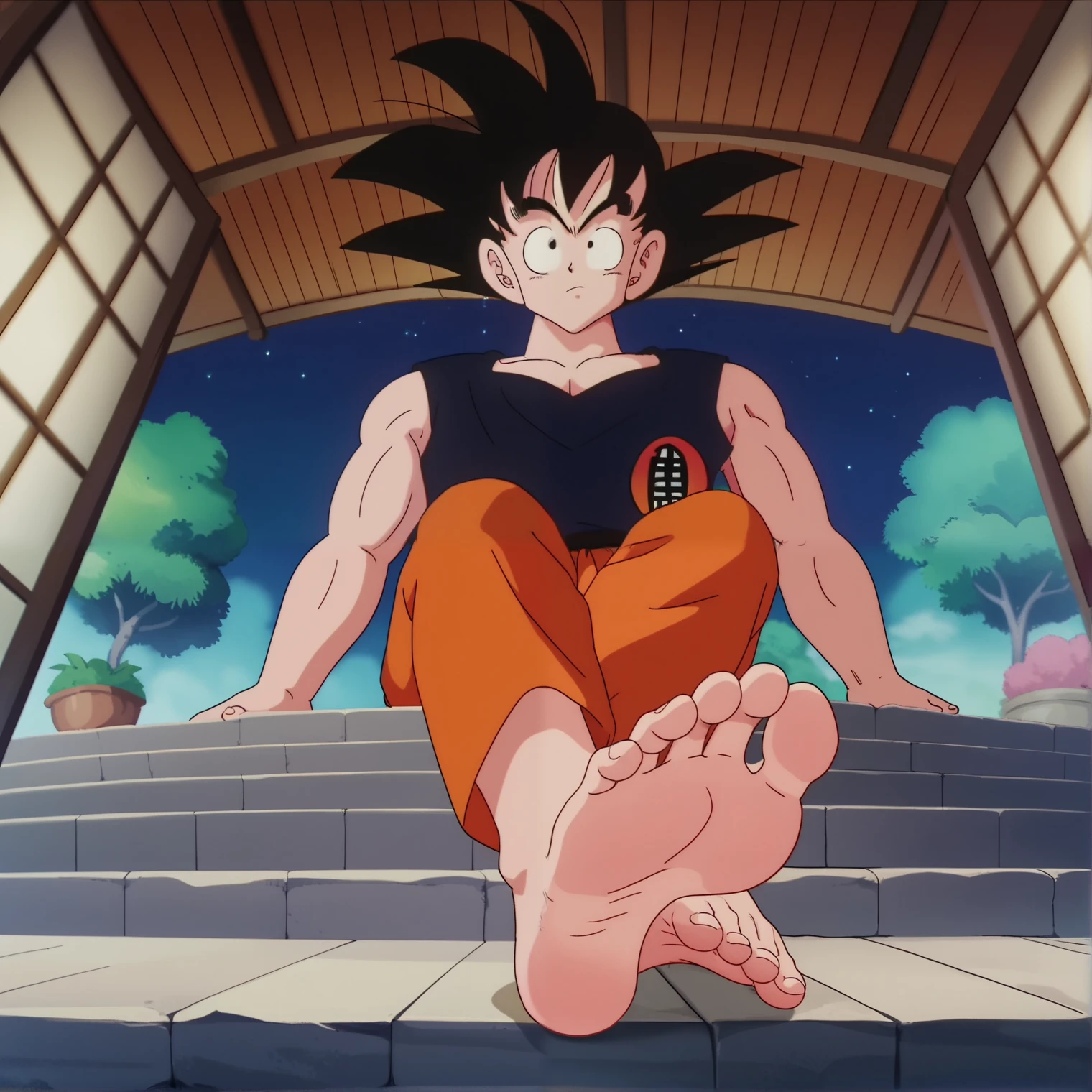 score_9, score_8_up, source_anime,
1boy, Goku, alone, looking at viewer, cowboy shot, ANIME SCREENCAP, anime coloring, sitting, in the garden, night, crossed legs, black tank top, orange long pants, barefoot, perfect feet, anatomically correct, soles, low angle, focal length 35mm, each foot has five toes, front, symmetrical soles, foot focus