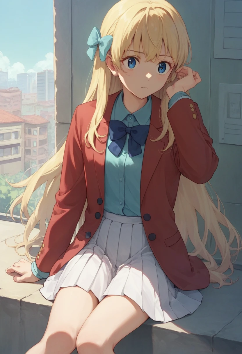 masterpiece,  best quality, there is nothing,  1 girl, Alone, Long Hair,  blonde hair ,  hair bow , bangs,  blue eyes, Blue Bowtie ,  colored shirt ,  blazer,  red jacket ,  Long Sleeve ,  pleated skirt, White Skirt,  puts his hand on his lower back,  Building ,  is sitting,  COWBOY SHOOTING ,ベンチに  is sitting，  looking at the camera，whole body正面を向いて  is sitting，whole body正面を向いている，whole body，