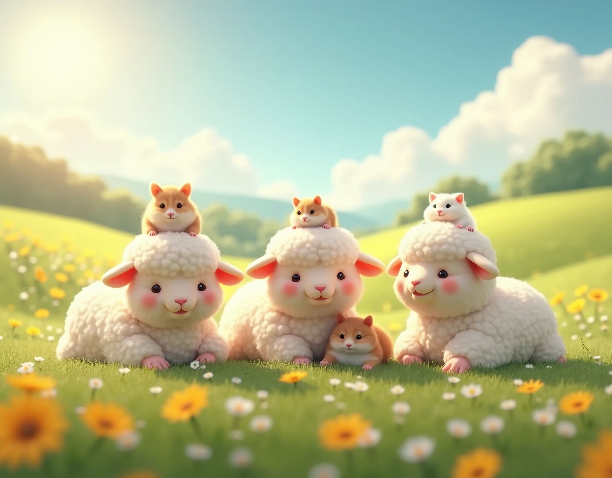 A serene and idyllic pastoral landscape stretches out under a warm, golden sunlight, dotted with lush green meadows and a scattering of charmingly short-legged, plump little lambs. These adorable creatures, covered in impossibly fluffy, cloud-like wool, frolic and nap peacefully, their round forms radiating a sense of warmth and joy. The lambs' wool catches the sunlight, creating a soft halo effect that enhances their irresistibly cute and endearing appearance.

Adding to the whimsy of the scene, several chubby hamsters with equally fluffy fur perch atop the lambs, their tiny paws gently gripping the wool. Each hamster is a delightful bundle of fluff, with cheeks adorably puffed out as if they've just finished a snack. Joining them are round, plump cats with luxuriously soft fur, curled up lazily atop the lambs, their contented purring adding to the peaceful ambiance. The playful dynamic between these animals creates a heartwarming and amusing spectacle, evoking smiles and laughter from anyone who beholds it.

The entire scene is rendered in ultra-realistic 3D animation, with meticulous attention to detail. Each strand of fur on the lambs, hamsters, and cats is flawlessly textured, showcasing their softness and fluffiness in stunning high resolution. The pastoral background features rolling hills, colorful wildflowers swaying gently in the breeze, and a clear blue sky with occasional fluffy white clouds. Shadows and light play beautifully across the scene, emphasizing the textures and natural beauty of the environment.

This heartwarming masterpiece, presented in 8K resolution, captures the essence of joy and innocence. The combination of adorably fat lambs, fluffy hamsters, and rotund cats all coexisting in harmony creates a scene that is both humorous and profoundly delightful, offering a moment of pure happiness to anyone who views it.