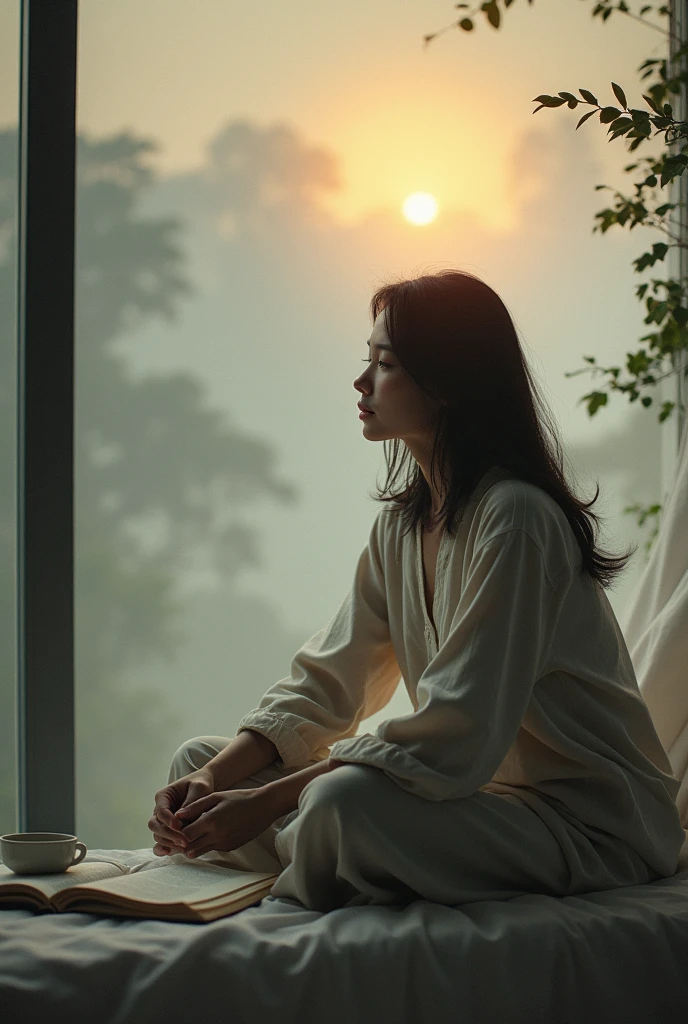 full body photo, beautiful woman from Indonesia, 20 years old, only wearing a very thin white cloth and not wearing pants and bra, nipples clearly visible, body perfectly proportioned, sitting near the window, face shaded, facing the window, raining outside, messy bed background, coffee drinking pose, real reflection of woman in window, hyperrealistic, photorealistic, ultra HD, detailed texture, full body, 8K image.