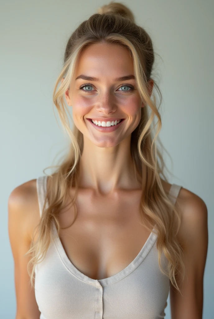 Belle fille de 20 ans, realistic, long hair, blond clair, blue eye, souriante, dent blanche, smooth hair, très realistic, cheveux très très plat, robe noir, chaussettes, sur fond png, mega realiste