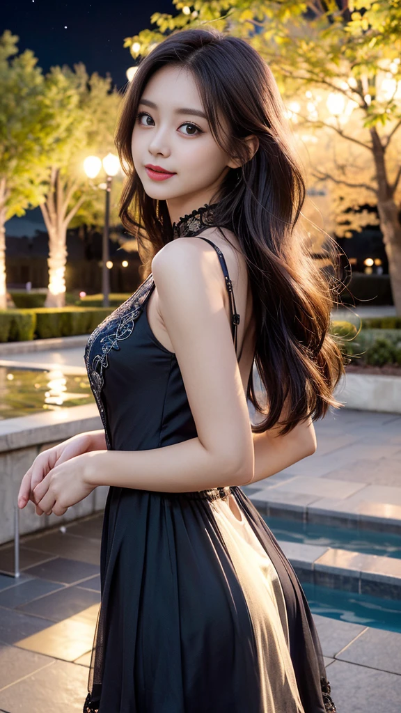 8K ultra hd, masterpiece, Best quality, 1 girl, beautiful face, cute smile, very long hair, hair ornaments, detailed eyes, small breasts, very beautiful dress, black dress, black lace, criss-cross strap dress, jewelry, clouds and mountain background, high resolution, Dramatic lighting, blurred foreground, sitting,