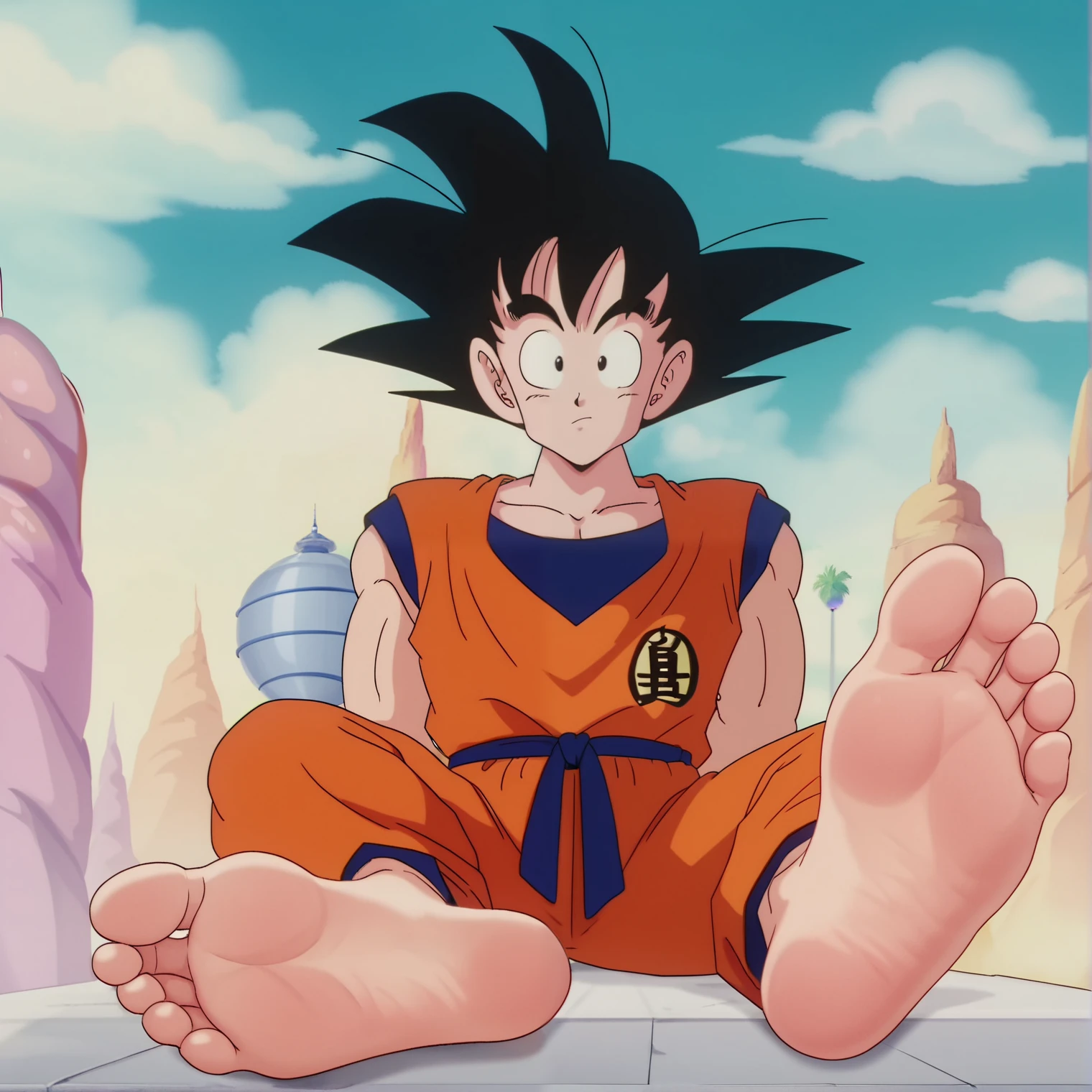 score_9, score_8_up, source_anime,
1boy, Goku, alone, looking at viewer, cowboy shot, ANIME SCREENCAP, anime coloring, sitting, in the meadow, crossed legs, orange tank top, orange long pants, barefoot, perfect feet, anatomically correct, soles, low angle, focal length 35mm, each foot has five toes, front, symmetrical soles, foot focus