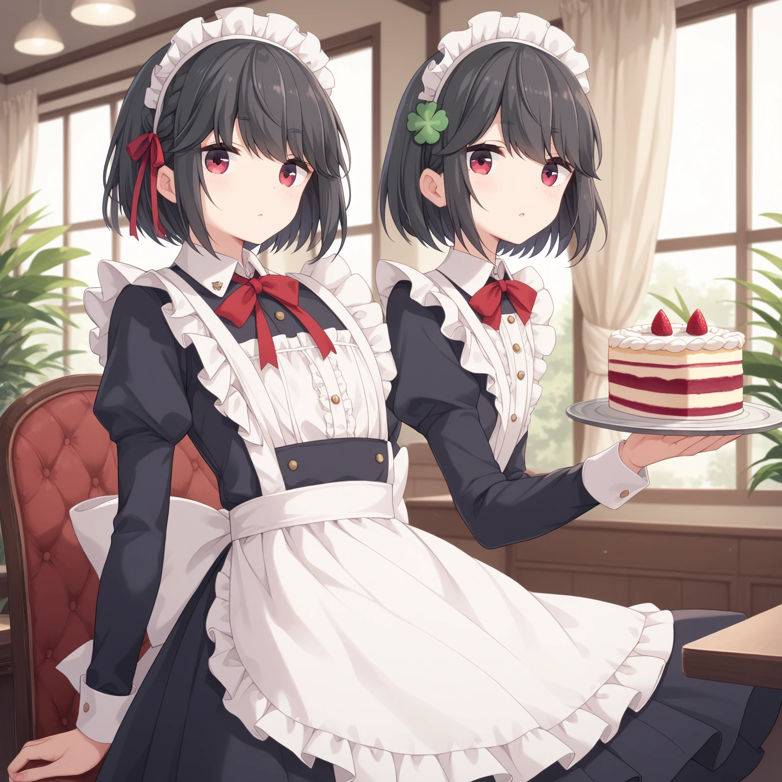  (8k), (  very detailed), (   best illustration   ), Cafe。   maid outfit 。. flat chested。 short hair on the side of the uniform。  big red ribbon barrette。Four leaf clover in hair 。adult。 black hair。Shima Rin,Bring me a cake 。Four leaf clover in hair。 short hair on the side of the uniform