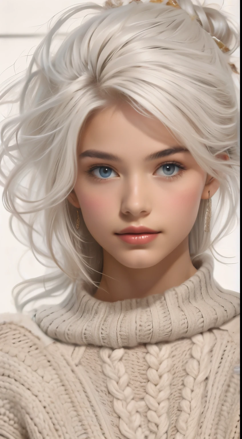 Medium Shot Shot, A beautiful woman looks at the camera, White hair, Chris Foss autumn off-the-shoulder sweater