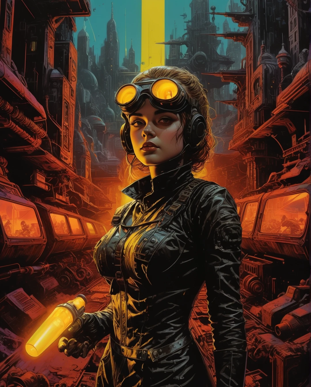 A girl in an atompunk city, wearing a futuristic outfit, with glowing neon lights reflecting on her metallic, high-tech goggles and visor. She is holding a vintage raygun in her hand and standing in front of a retro-futuristic vehicle. The cityscape is filled with towering skyscrapers adorned with art deco designs, and floating advertisements showcasing advanced technology. The streets are bustling with people wearing steampunk-inspired clothing, and there are airships soaring through the sky. The overall scene is bathed in a vibrant color palette, with a mix of cool blues and purples contrasting with the warm hues of the neon lights. The lighting is dramatic and dynamic, casting long shadows and emphasizing the futuristic elements in the scene. The image quality is (best quality, ultra-detailed, realistic:1.37), with sharp focus and vivid colors. The art style is a combination of steampunk and cyberpunk, with intricate details and a sense of technological advancement...., maximalist art, by Moebius and Hariton Pushwagner, (ambient occlusion, masterful, beautiful), poster art, bold lines, hyper detailed, expressive, award winning, (landscape:1.4), (intricate details, masterpiece, best quality:1.4), looking at viewer, dynamic pose, wide angle view, in the style of nicola samori , futuristic style, sleek, ultra modern, high tech, ornate by Moebius and by Marc Simonetti, clean lines, geometric shapes, Minimalist color scheme of red and cyan
mkitdecy, rust, cracks brutalism, style by Tom Jung and Drew Struzan and Tim and Greg Hildebrandt, ((style by artgerm and Greg Manchess and Ilya Kuvshinov))