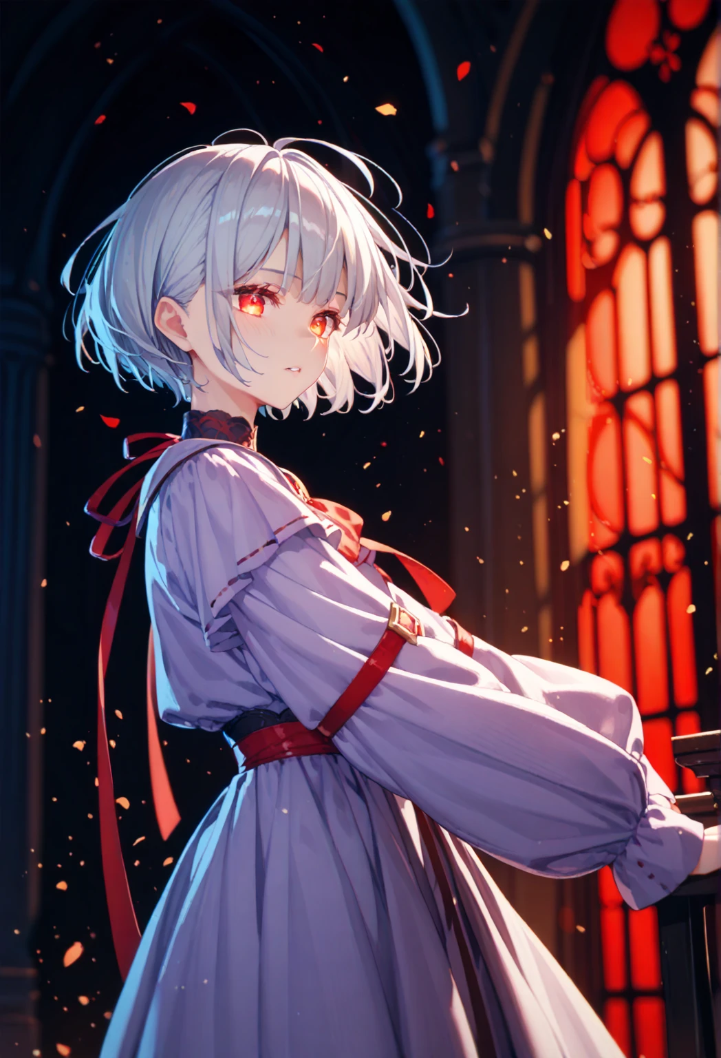 A vampire girl with white hair and red eyes in a gothic dress bites the neck of a guy with pink hair in a tailcoat, against the backdrop of the ruins of a Gothic castle