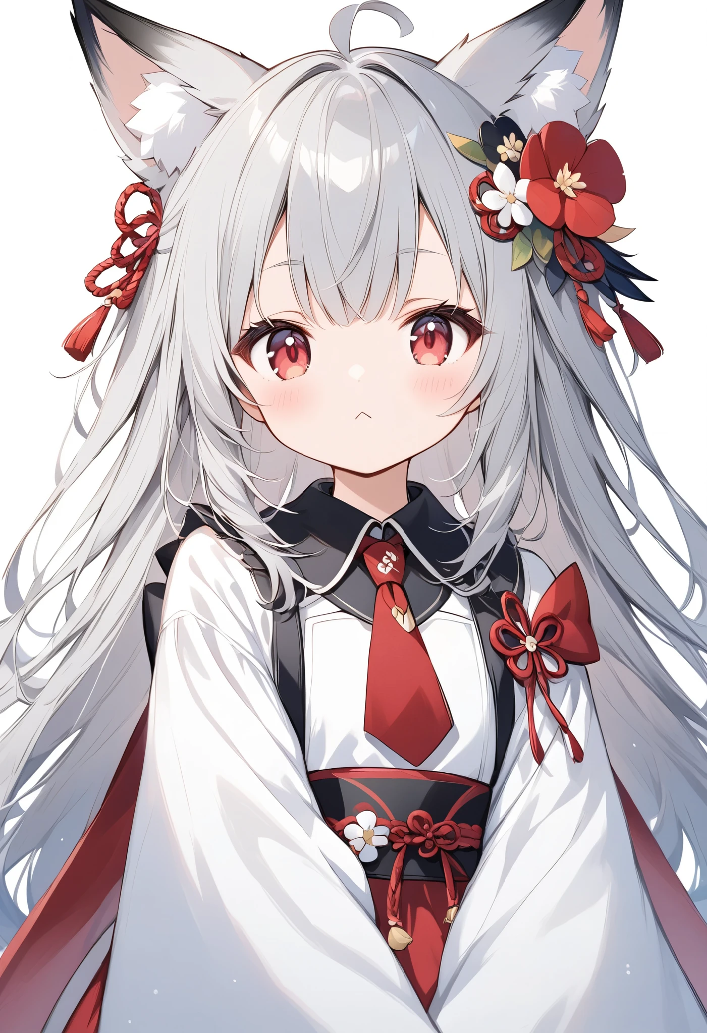  Thin and Soft Painting Style、White fox girl  、Grey Hair、 smooth long hair 、  fox ears、  fox's fluffy tail 、Ruby Eyes、 Oblique eyes、cute、:<、White and red Onmyoji style costume、 ties hair behind