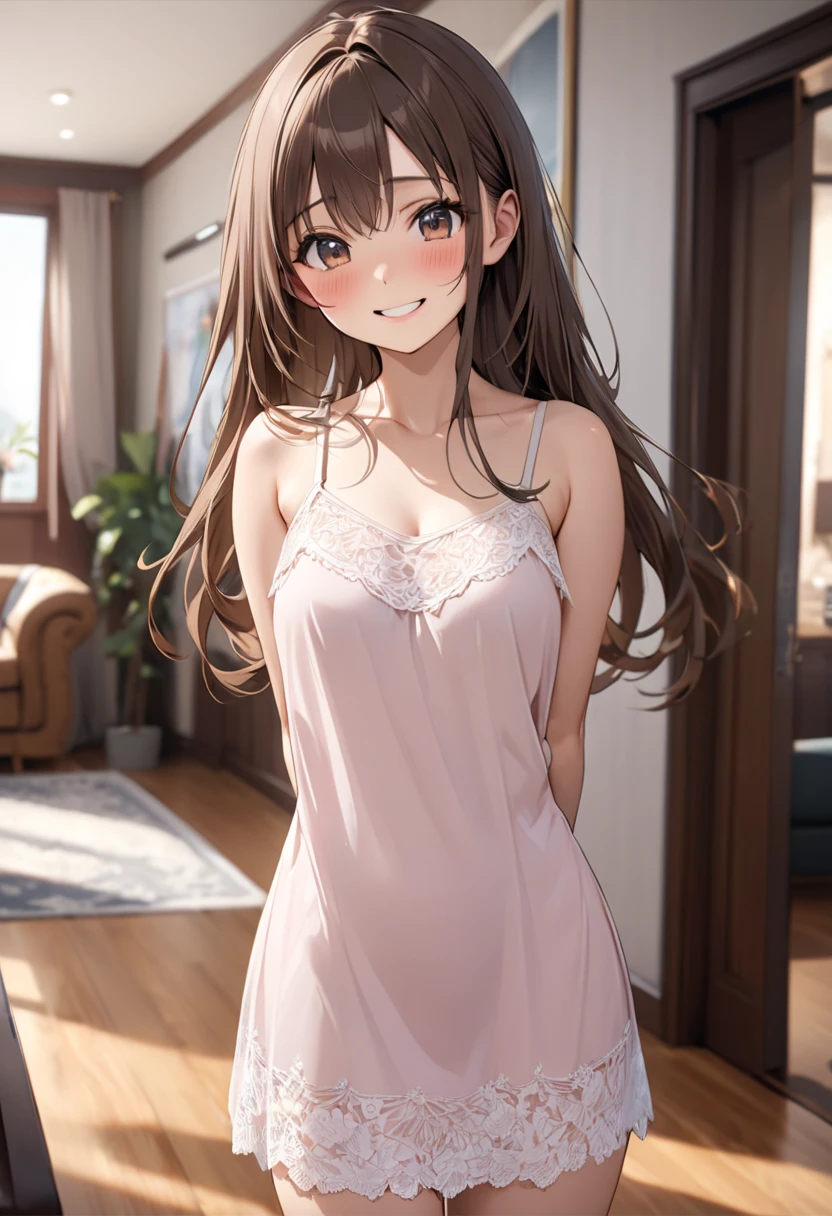  Very Cute and Beautiful Girl ,( Very detailedで美しい顔),(smile:1.2), happy , embarrassed ,Brown Hair,  long hair, viewers whose eyes are sagging, ( camisole dress),Fine lace, (arms behind back), living room , ( best quality,masterpiece), absurd,高resolution, super detailed, Very detailed, resolution, ,cinematic scene, Blurry Background ,Alone, dynamic angle without carrying a bag, standing, 