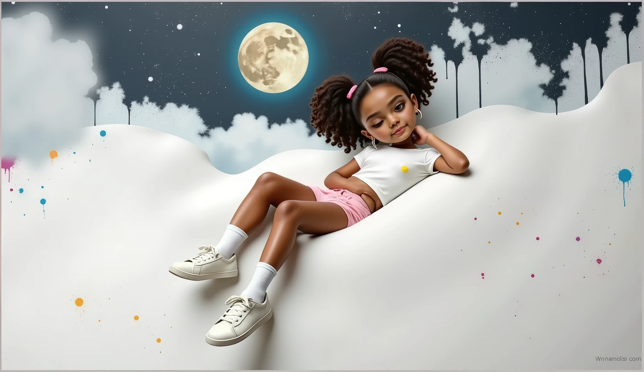 (masterpiece, best quality:1.2), 1girl, solo, Waiting in the Disney Pixar arts in the high quality and high resolution 3D characters create the image of a  girl with curly hair of African descent and light brown skin, beautiful, sensual, seductive, sassy, ​​s*** with a white t-shirt without any print with very short shorts, very short pink, white socks up to the knees and white sneakers, the clothes are always stained with paint which gives a very special charm and demonstrates the girl's creative characteristic, she is always on a neutral black background to be cut out in png, She wears brush earrings in both ears, Her hair is tied in two ponytails and she has brown eyes