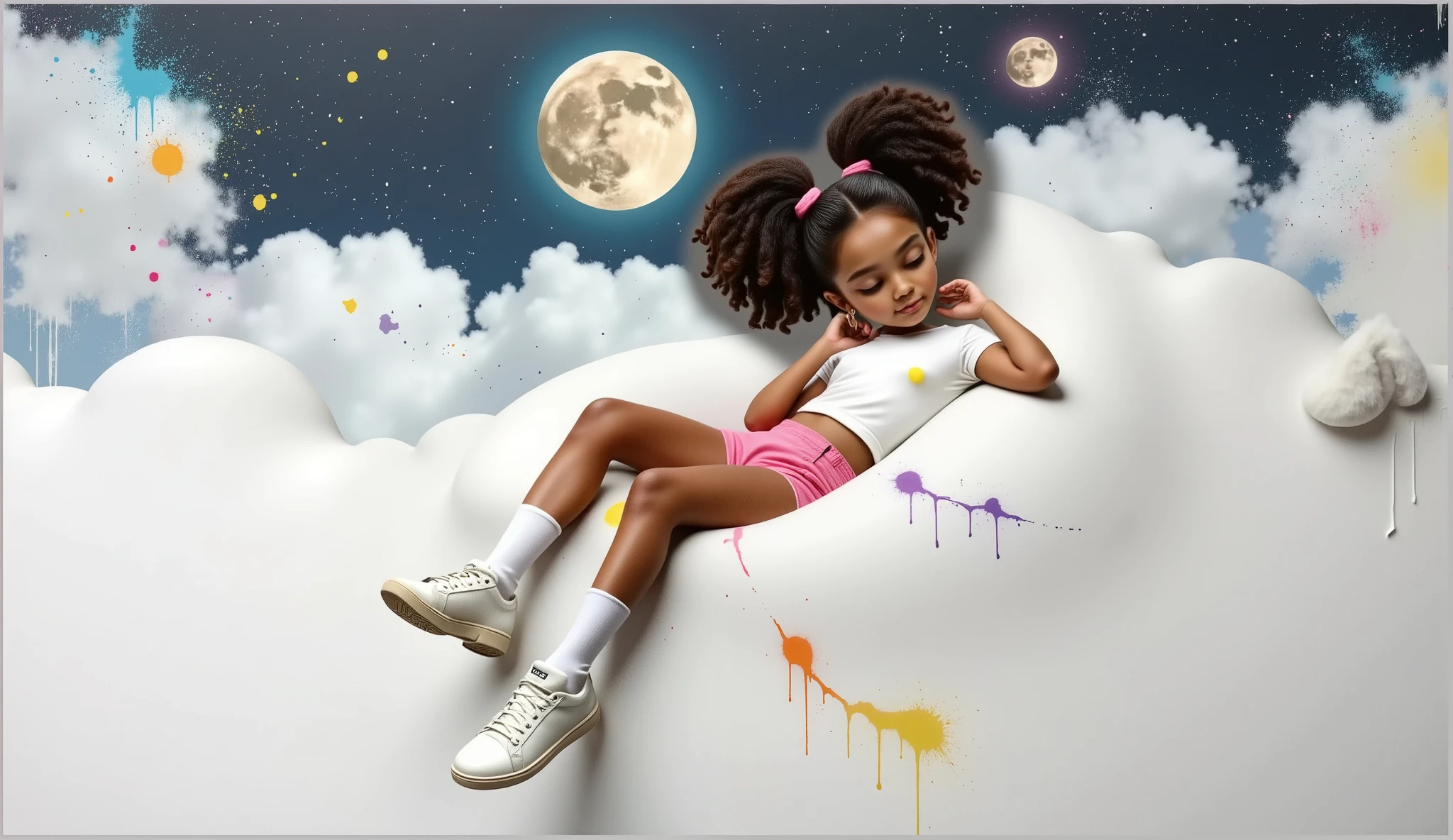 (masterpiece, best quality:1.2), 1girl, solo, Waiting in the Disney Pixar arts in the high quality and high resolution 3D characters create the image of a  girl with curly hair of African descent and light brown skin, beautiful, sensual, seductive, sassy, ​​s*** with a white t-shirt without any print with very short shorts, very short pink, white socks up to the knees and white sneakers, the clothes are always stained with paint which gives a very special charm and demonstrates the girl's creative characteristic, she is always on a neutral black background to be cut out in png, She wears brush earrings in both ears, Her hair is tied in two ponytails and she has brown eyes