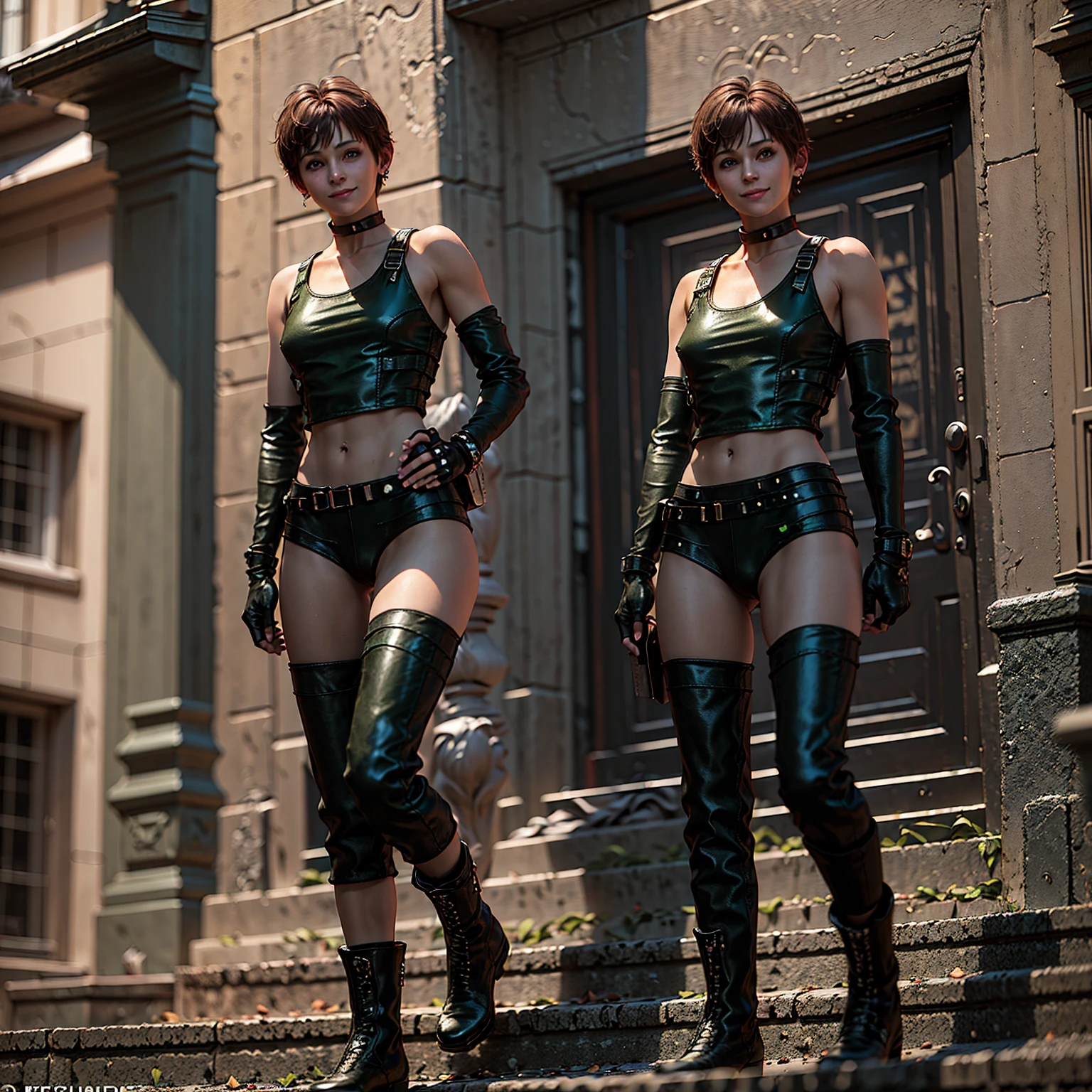 1girl, solo, Rebecca Chambers, re1costume, ultra-detailed, detailed face, midriff, navel, ((Rebecca Chambers is in the city, day city background, backlight), (Rebecca Chambers is naked, naked breasts, naked pussy, wearing military-green leather panties of S.T.A.R. uniform style, black gloves, military-green leather elbow pads, black long leather platform boots, med kit, golden earrings), (shy smile, she is posing seductively), (full body photo)