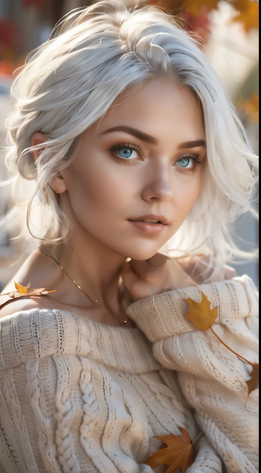 Medium Shot Shot, A beautiful woman looks at the camera, White hair, Chris Foss autumn off-the-shoulder sweater