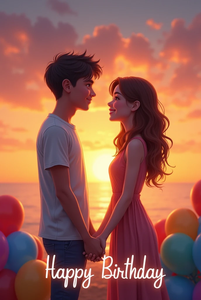 disney pixar poster
two couple, watching sunset in the beach. The girl is in pony tail, wearing pink off shoulder dress, while the guy is wearing BLACK SLEEVELESS shirt and wearing sun glasses while holding the girl