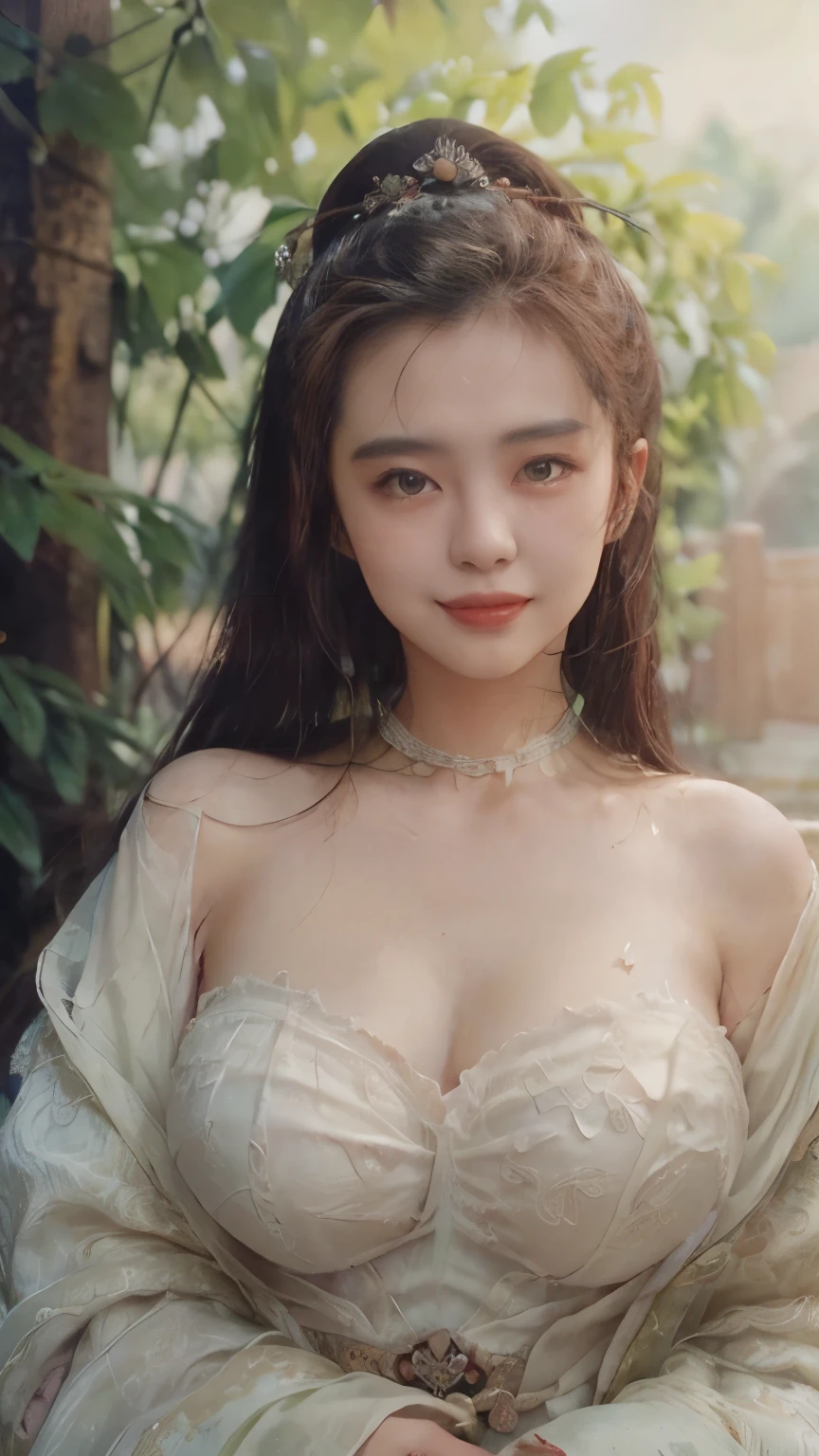 Nie Xiaoqian
niexiaoqian,(masterpiece,best quality:1.4),thin lips,(Bright red lipstick:0.75),,best quality,masterpiece,illustration,very delicate and beautiful,very detailed,CG,unity,8k wallpaper,Amazing,fine detail,masterpiece,best quality,official art,very detailed 8k unity CG wallpaper,absurd,amazingly absurd,large file size,very detailed,high resolution,very detailed,
Nie Xiaoqian is a beautiful spirit with a happy expression and a seductive smile. Her skin is fair and smooth, her big eyes shine softly, and her long black hair is decorated with traditional ornaments. She is wearing a white Chinese long dress with floral embroidery, floating gracefully.  The background is a beautiful morning garden with the sun, full of peace and magic." (Beautiful hip line:1.1),
((Seductive smile:1.4)),
(Big breasts:1.4), (cleavage:1.1), no underwear. random pose.