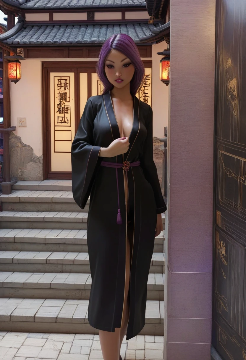  a girl ,  wearing a purple and black robe, Standing in a Chinese building 