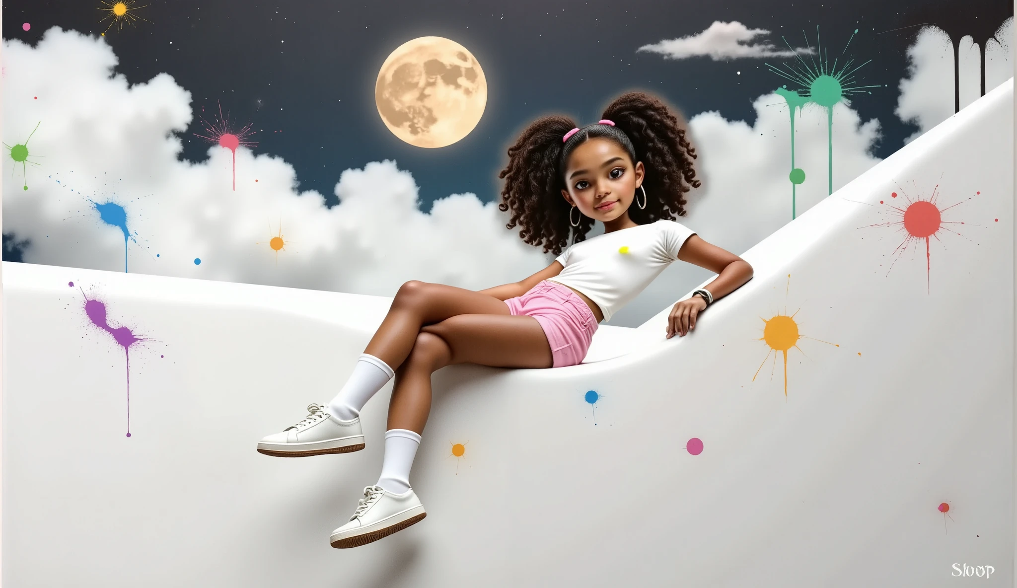 (masterpiece, best quality:1.2), 1girl, solo, Waiting in the Disney Pixar arts in the high quality and high resolution 3D characters create the image of a , ****, , ******* DE IDADE, 12ANÕS DEL IDAD, AGE: 12Y, AGE: 12, girl with curly hair of African descent and light brown skin, beautiful, sensual, seductive, sassy, ​​s*** with a white t-shirt without any print with very short shorts, very short pink, white socks up to the knees and white sneakers, the clothes are always stained with paint which gives a very special charm and demonstrates the girl's creative characteristic, she is always on a neutral black background to be cut out in png, She wears brush earrings in both ears, Her hair is tied in two ponytails and she has brown eyes