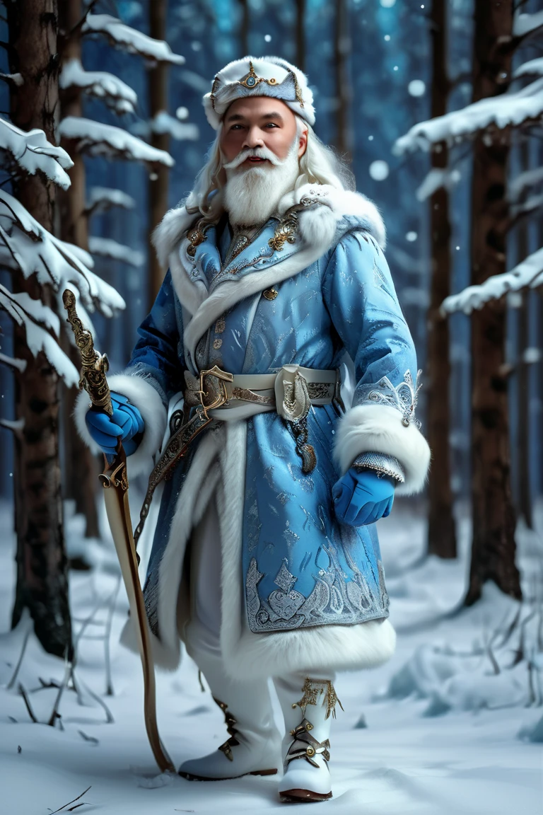  illustration by Viktor Vasnetsov +Thomas Kinkade.

 good Russian Santa Claus from Russian fairy tales .tall and stately. in a long, rich pearl-blue brocade coat all the way to the ground,silver-embroidered , trimmed with white fur ,   belted by a narrow silk sash , wearing a Russian boyar hat with a white fur cuff , in white embroidered mittens , white Cossacks walks along a snow-covered winter to the forest .snowfall.snowflakes.
 dynamic pose. greatness . magical night