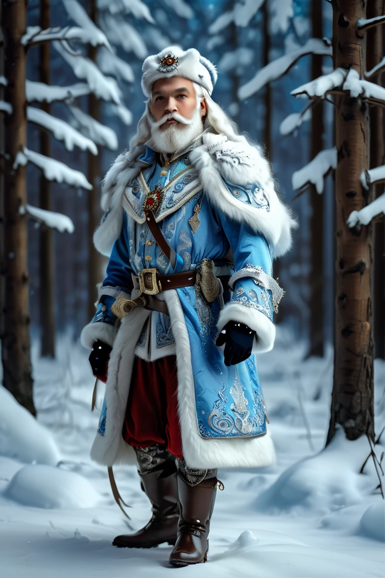  illustration by Viktor Vasnetsov +Thomas Kinkade.

 good Russian Santa Claus from Russian fairy tales .tall and stately. in a long, rich pearl-blue brocade coat all the way to the ground,silver-embroidered , trimmed with white fur ,   belted by a narrow silk sash , wearing a Russian boyar hat with a white fur cuff , in white embroidered mittens , white Cossacks walks along a snow-covered winter to the forest .snowfall.snowflakes.
 dynamic pose. greatness . magical night