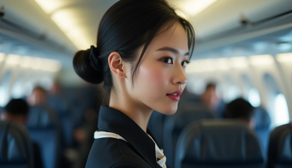 Ultra-realistic head-and-shoulders portrait of a 25-year-old Indonesian woman, dressed as a flight attendant. Her expression is calm and neutral, her black hair neatly styled in a professional bun. The crisp lines of her uniform and the subtle folds of her scarf are rendered in stunning detail. The background is a blurred interior of an airplane cabin, with soft light reflecting off the metallic surfaces. Photographed in 8K resolution, inspired by Richard Avedon’s clean and focused portraits, using a Sony Alpha 1, 85mm lens, with soft, directional lighting emphasizing her facial features.