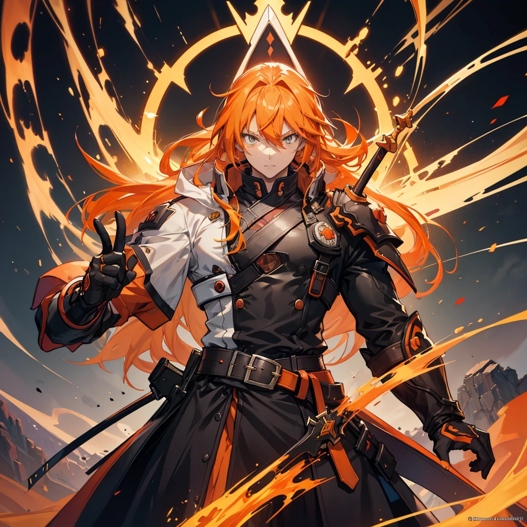 GUILTY GEAR, {{{{{Illustration of a person}}}}, {{{ orange battle coat}}}, Orange and black outfit ,  long brand hair,  straight hair ,  long bangs  ,  close your mouth and laugh , ４０age,  handsome, Narrow green eyes ,  Official Art、  best quality、  Unity 8K Wallpaper 、32K、masterpiece、 super detailed, Male nose, Male Eyes  , Male outline  , {{{ carrying a large red sword }}}, Fighting in the old battlefield ,  acrobatic poses,