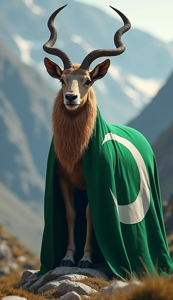Muscular markhor goat wearing Pakistan flag shirt 
